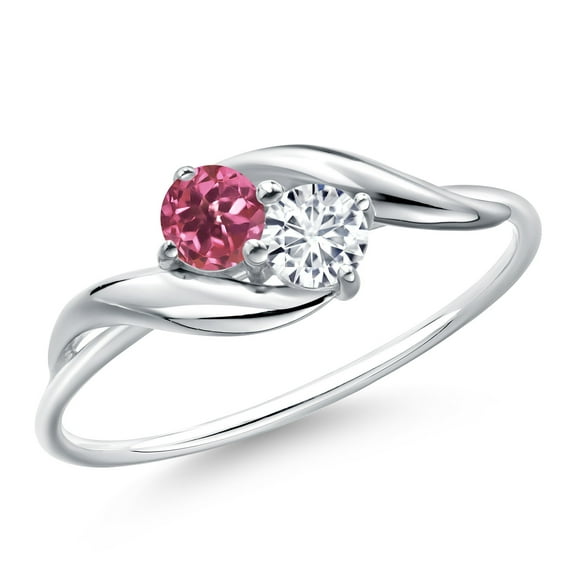 Gem Stone King 10K White Gold Round Pink Tourmaline and White Lab Grown Diamond Ring for Women (0.32 Cttw, Round 3.5MM, Gemstone October Birthstone, Size 7)