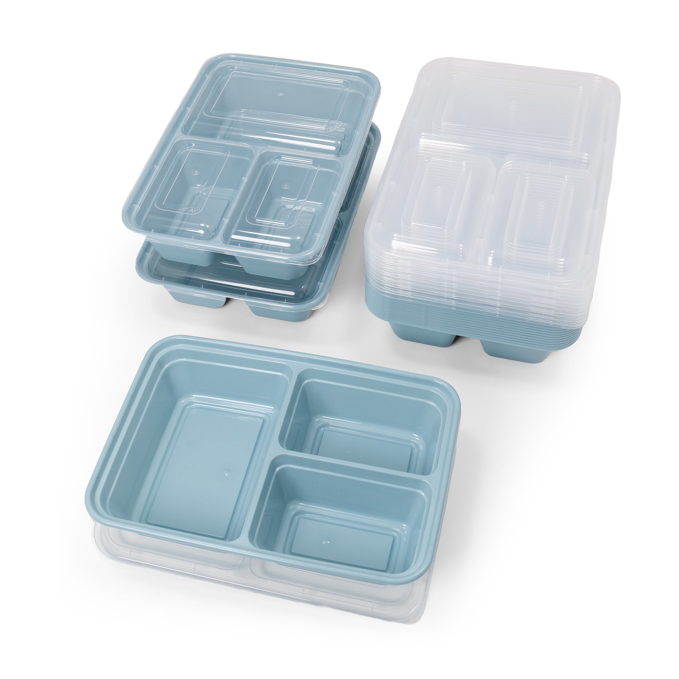 Mainstays 15-Pack 3-Compartment BPA-Free Plastic Meal Prep Food Storage Containers, 0.9L, Blue Cameo