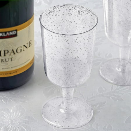 BalsaCircle Glittered Clear 12 pcs 7 oz Disposable Plastic Champagne Glasses - Wedding Reception Party Catering