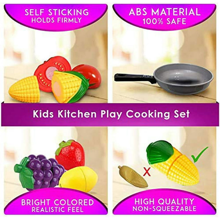  FUNERICA Toddler Kitchen Accessories Playset with Cutting Food  Vegetables and Stainless-Steel Play Pots - Pretend Kids Cooking Utensils -  Apron & Chef Hat - Toy Knife & Cutting Board for Girls