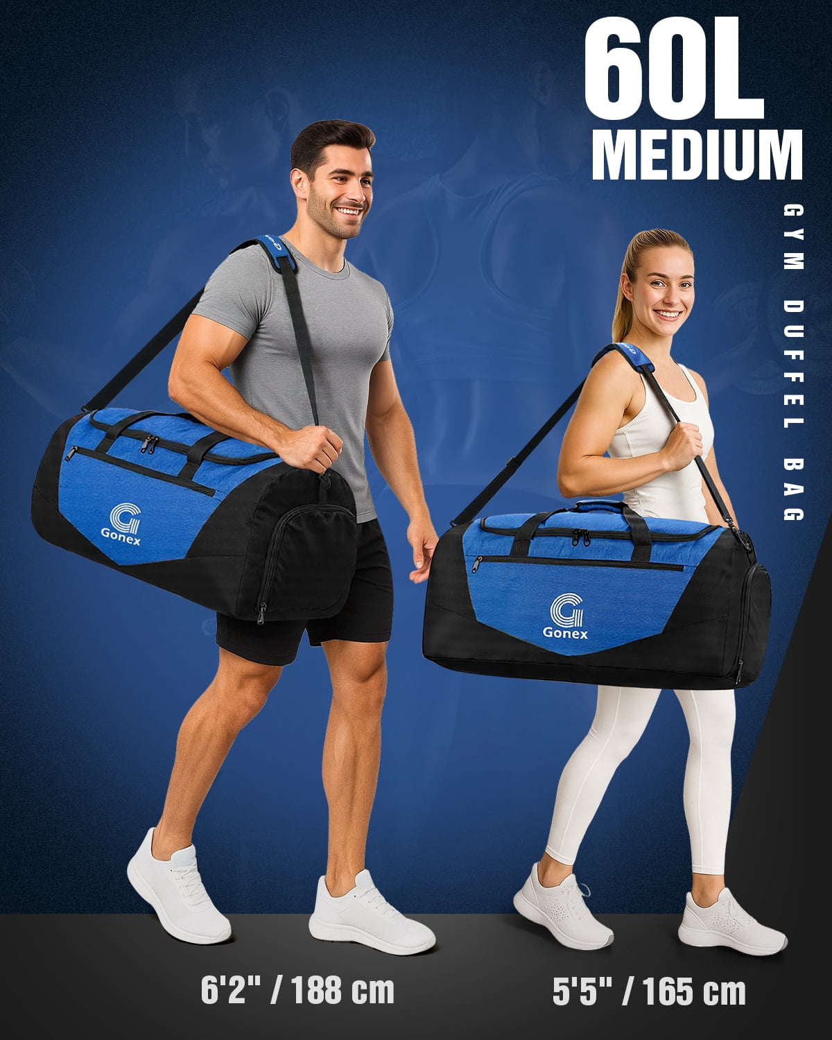 Gonex 60L Gym Duffel Bag, Sports Duffle with Shoe Compartment & Wet Pocket, Water-Resistant Travel Bag for Fitness, Camping, Weekend Trips