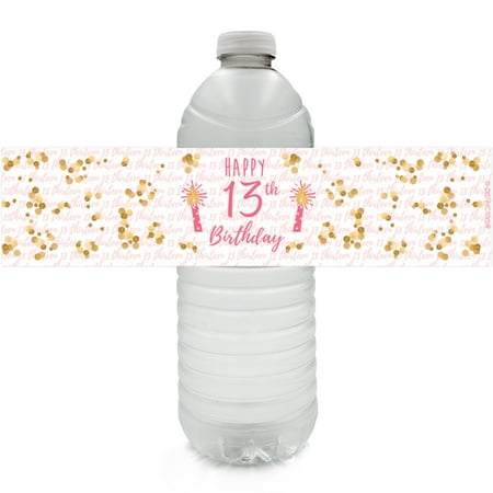 13th Birthday Water Bottle Labels, 24 ct - Pink and Gold 13th Birthday Party Supplies Chic 13 Birthday Decorations Favors - 24 Count Sticker