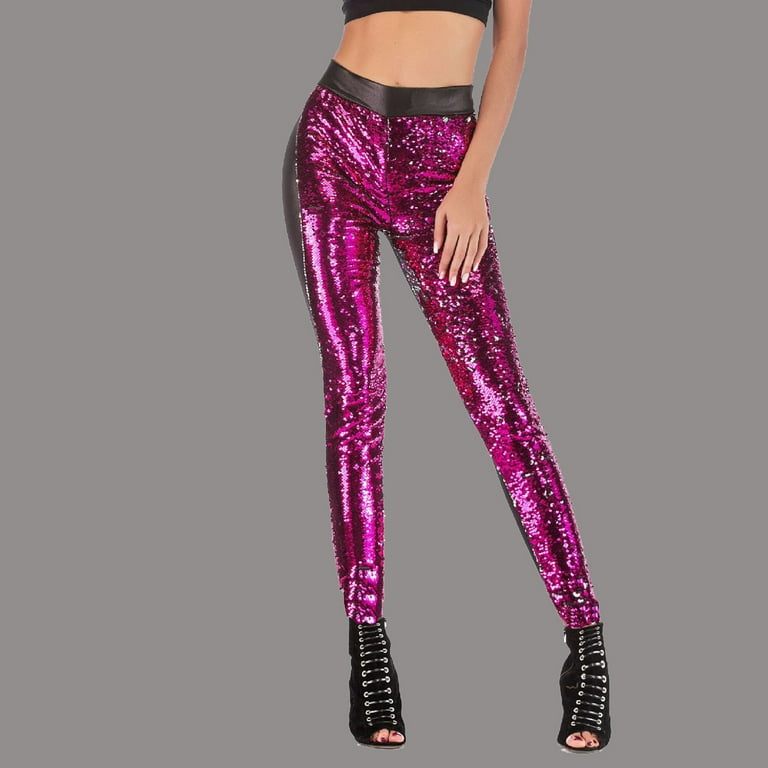 Hfyihgf Womens Sexy Shinny Pants Stretchy Reversible Sequins Leggings for  Evening Party Club Night Out Sparkle Trousers(Purple,S) 