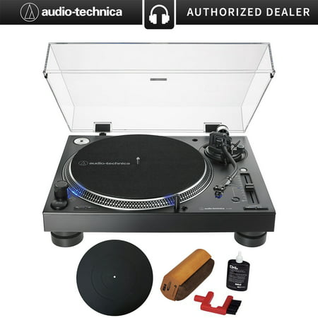 Audio-Technica Direct-Drive Professional DJ Turntable Black (AT-LP140XP-BK) with Essentials Bundle includes Protective Turntable Platter and Vinyl Record Cleaning