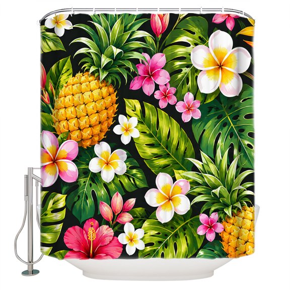 Tropical Botanical Bathroom Shower Curtains with 12 Hooks Waterproof Shower Curtain for Stalls and Bathtubs Summer Monstera Leaf Pineapples Floral Boho Decorative Bathroom Curtain 72x96 Inches