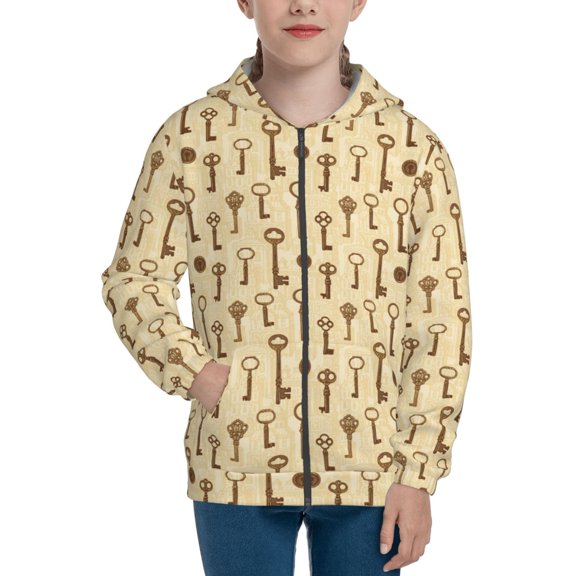 Kdxio Vintage Keys Pattern Kids Boys Girls Zip Up Hoodie 3D Printed Hooded Sweatshirt Hoody Coat with Pocket 7-12 Y-Small