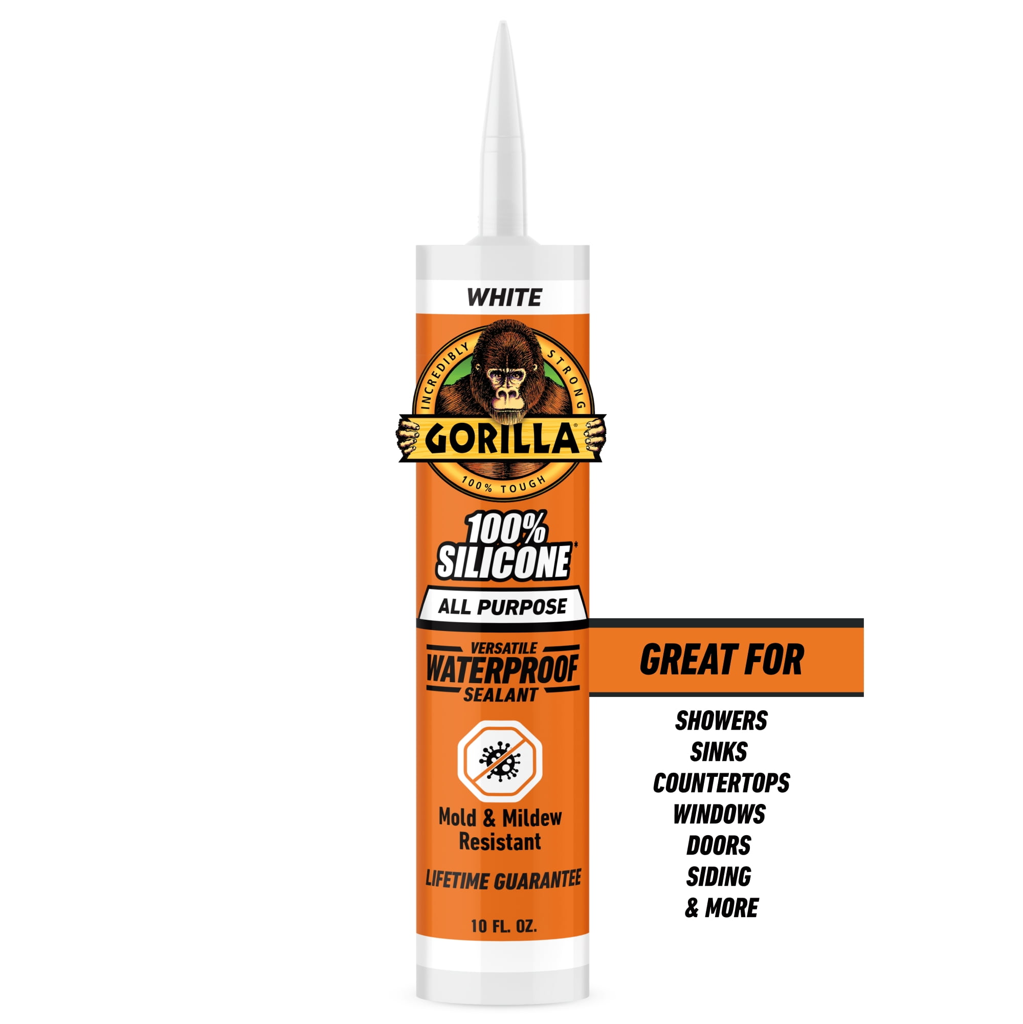 (8 pack) Gorilla Waterproof Caulk & Seal Silicone Sealant, 10oz Cartridge - White Caulking Sealant for Kitchen, Window, Bath, Marine, Door and More