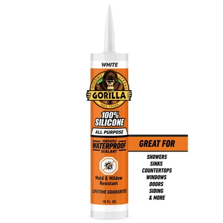 Gorilla Waterproof Caulk & Seal Silicone Sealant, 10oz Cartridge - White Caulking Sealant for Kitchen, Window, Bath, Marine, Door and More
