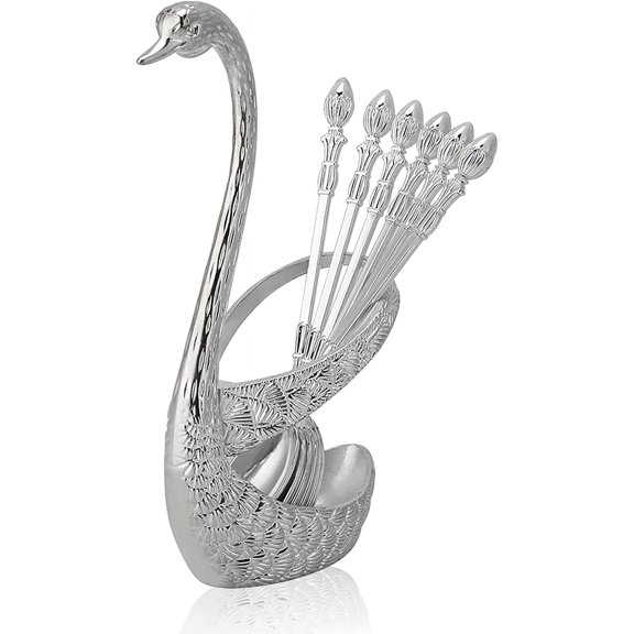 Fymlhomi Coffee Spoon, Stainless Steel Serving Bar Dessert Spoon with Swan Holder Household Tableware (Silver)