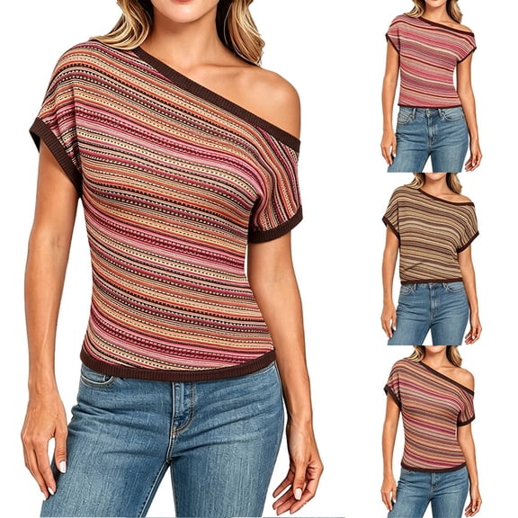 CAIXIA Off the Shoulder Tops for Women Short Sleeve Striped Shirt Slim Fit Hollow Out Crop Tops Summer Y2K Crochet Top