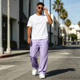 thumbnail image 6 of Dweltoz Men Linen Cargo Pants Baggy Elastic Waist Trousers Lightweight Breathable Wide Straight Leg Workwear with Pockets,Purple 2XL, 6 of 6