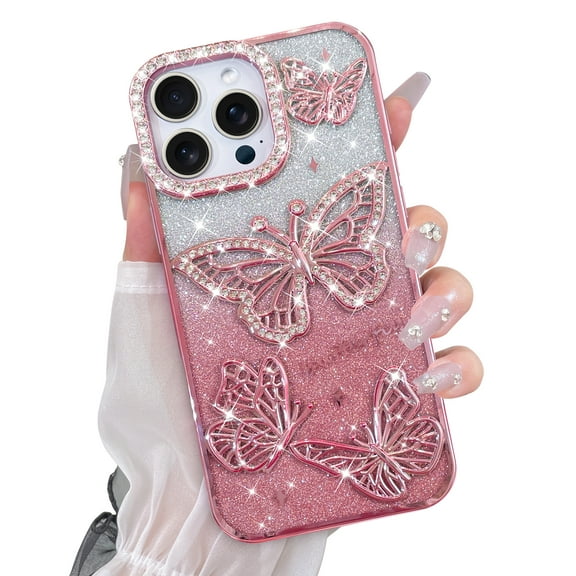 OOK for iPhone 16 Pro Max Case, Cute 3D Diamond Butterfly Pattern Luxury Slim Plating Bling Glitter Protective Phone Case with Screen Protector for Girls Women, Pink