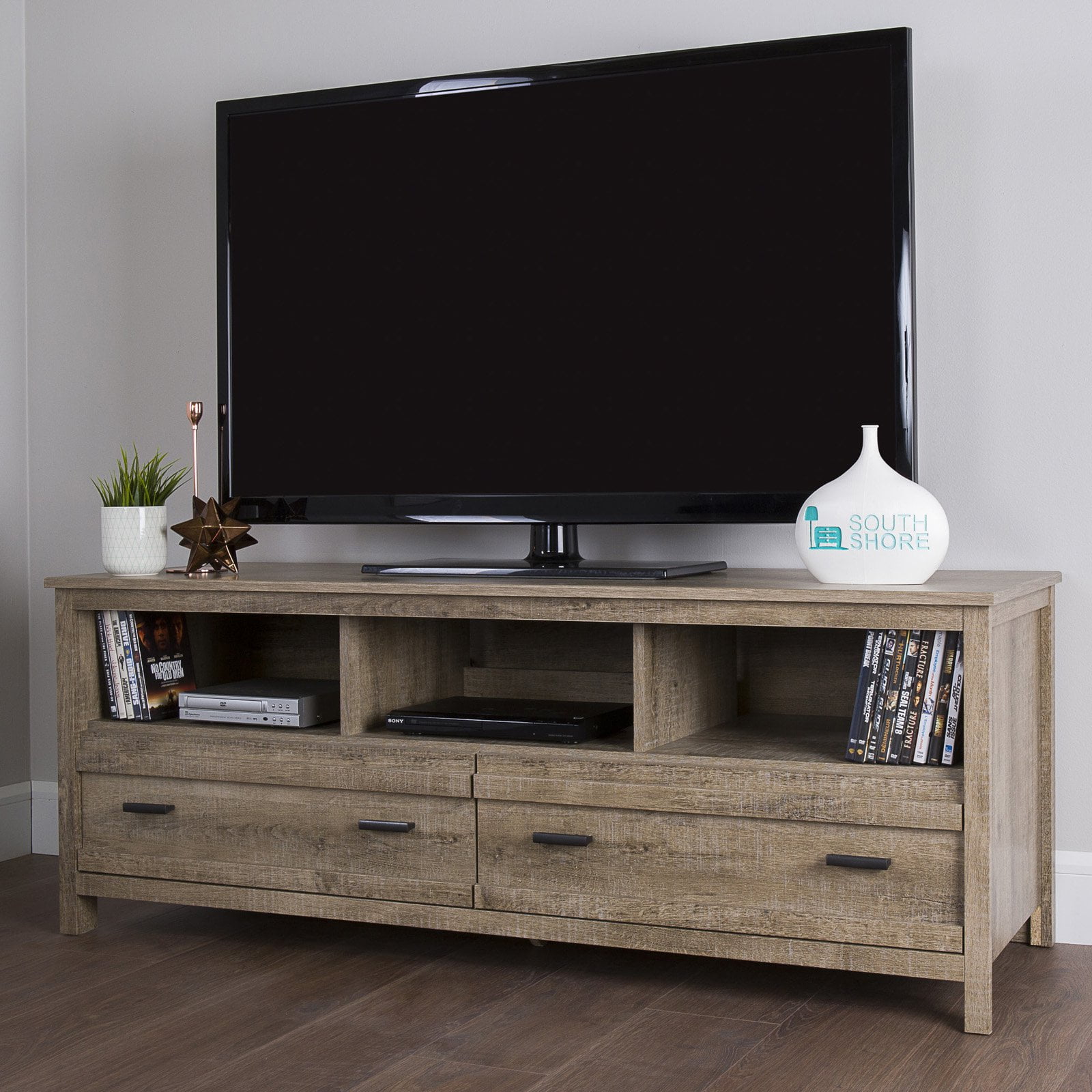 Exhibit TV Stand for TVs up to 60'' Weathered Oak - South Shore: Mid-Century Modern Media Console with Storage