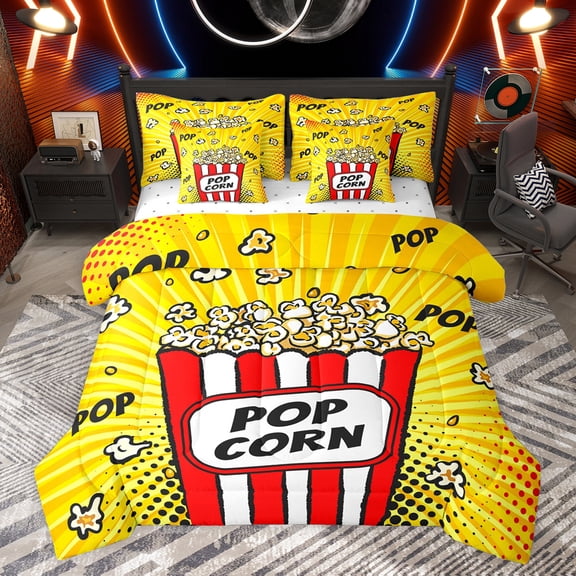 jejeloiu Popcorn 7-Piece Twin Bedding Sets,Movie Time Bedding Comforter Set,Orange Red Sheet Sets For Boys Girls,Luxury Bedroom Decor Reversible