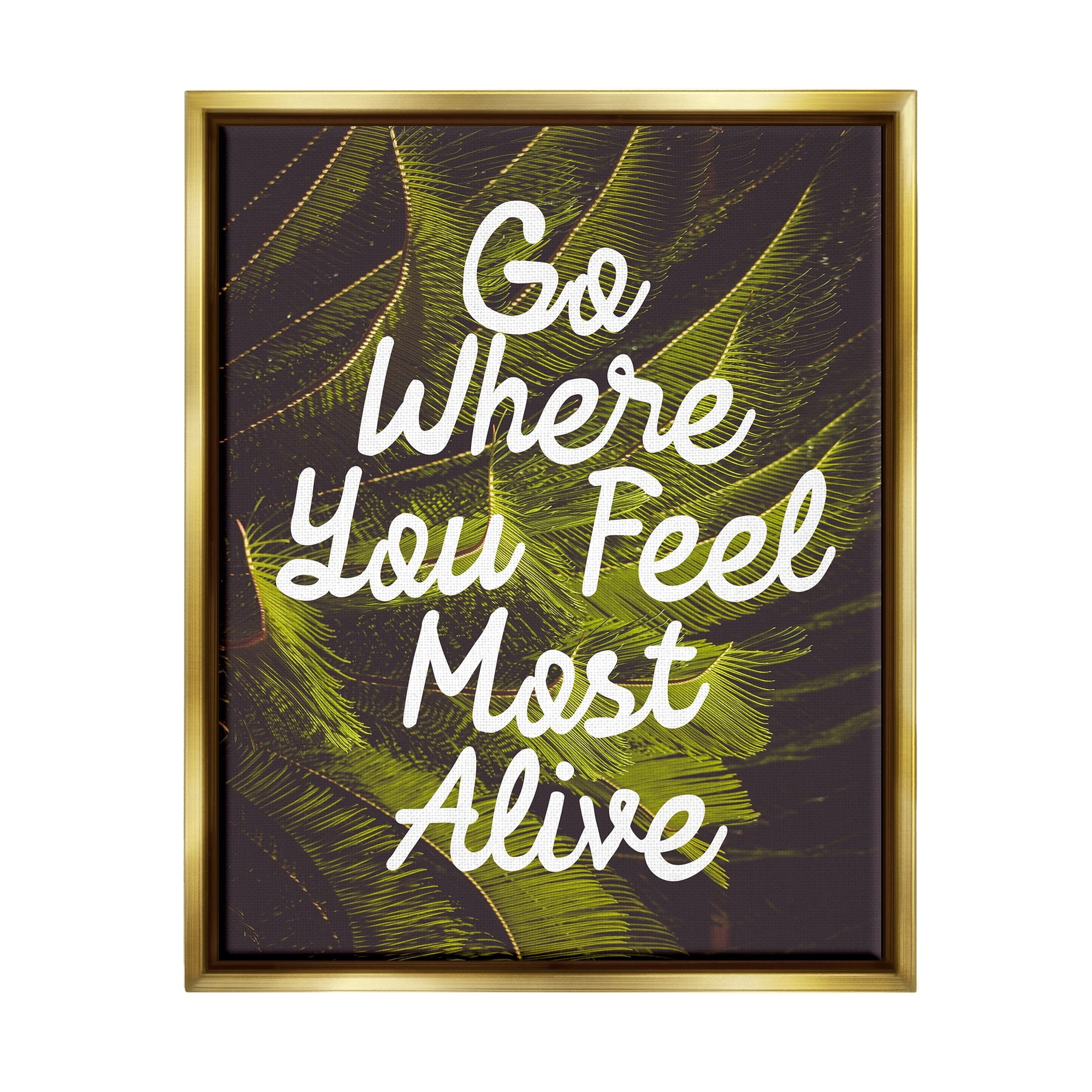 Stupell Industries Encouraging Life Calligraphy Quote Botanical Plant Leaf Graphic Art Metallic Gold Floating Framed Canvas Print Wall Art, Design by Daphne Polselli