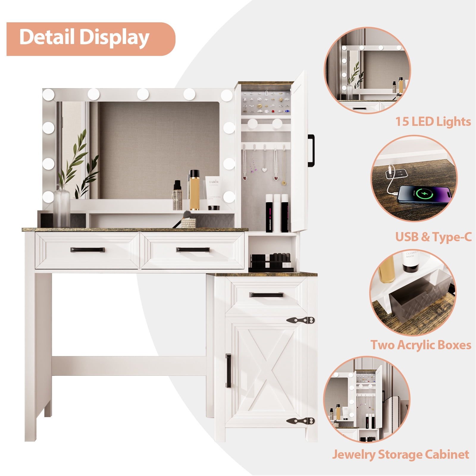 MAYEERTY 45.3" Vanity Desk with LED Lighted Mirror, Modern White Makeup Table with Charging Station & Jewelry Cabinet for Bedroom