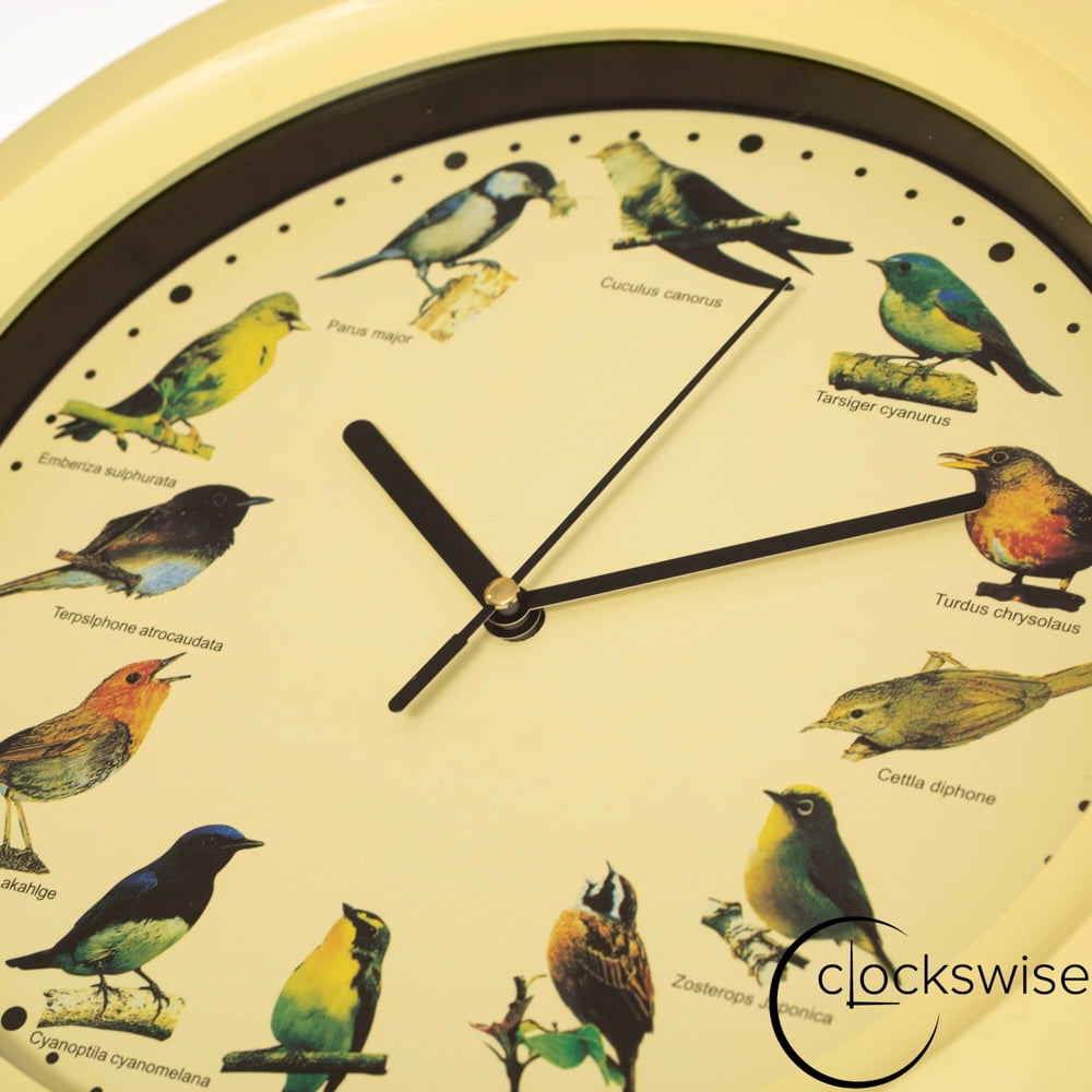 Clockswise 12" Round Decorative Singing Bird Wall Clock Battery-Operated with Wild Nature Sounds Hourly Chime and Non-Ticking for Home Office Kitchen Dining Bedroom Classroom and Living Spaces, Yellow