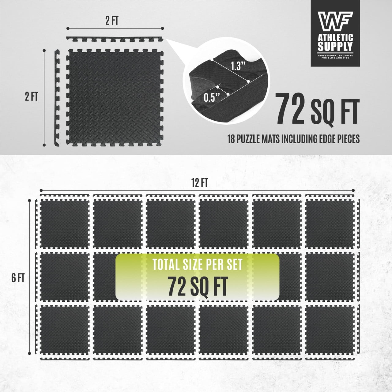 WF Athletic Supply 72 SQ.FT Diamond Pattern 1-Inch Thickness Interlocking Exercise Foam Mats, Extra Thick Eva Foam Flooring Tiles, Gym Fitness Equipment Mat, Home Protective Flooring Cushion, Black