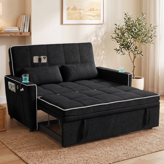 Anpport Sleeper Sofa Bed, 3 in 1 Convertible Loveseat with Phone & Cup Colder for Small Space, Black