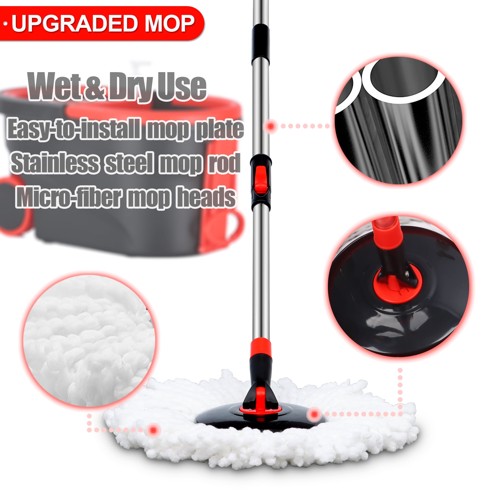 Spinning Mop Bucket, 360 Easy Spin Mop & Bucket System with Wringer, Mop and Bucket Set, 3 Microfiber Mop Heads, Black