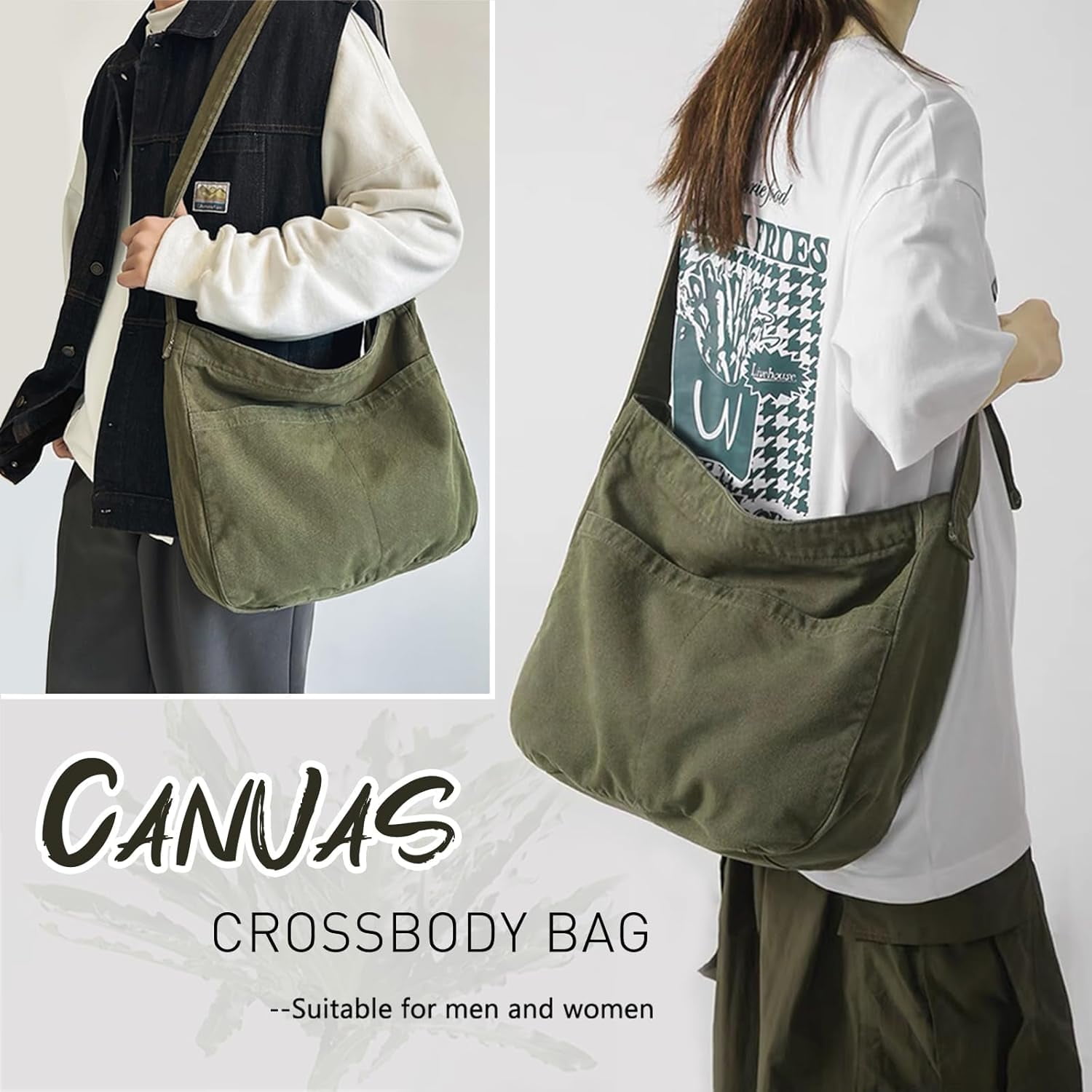 Lohol Canvas Tote Bag, Casual Hobo Crossbody Shoulder Bag for Women and Men, Large Purse for Travel and Work-army Green