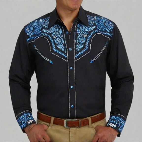 Men's Button Down Shirts Solid Color Collar Western Cowboy Shirts Embroidered Shirts Slim Fit With Pockets Business Classic Fit