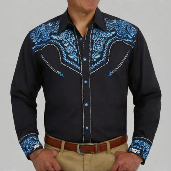 Men's Embroidered Western Cowboy Shirt Long Sleeve Snap Button Down Casual Slim Fit Shirt with Pockets