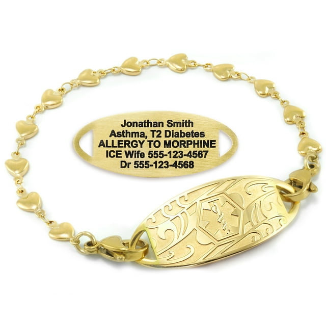 MedicEngraved Yellow Gold Stainless Steel Custom Medical Alert Bracelet - 5mm Heart Link