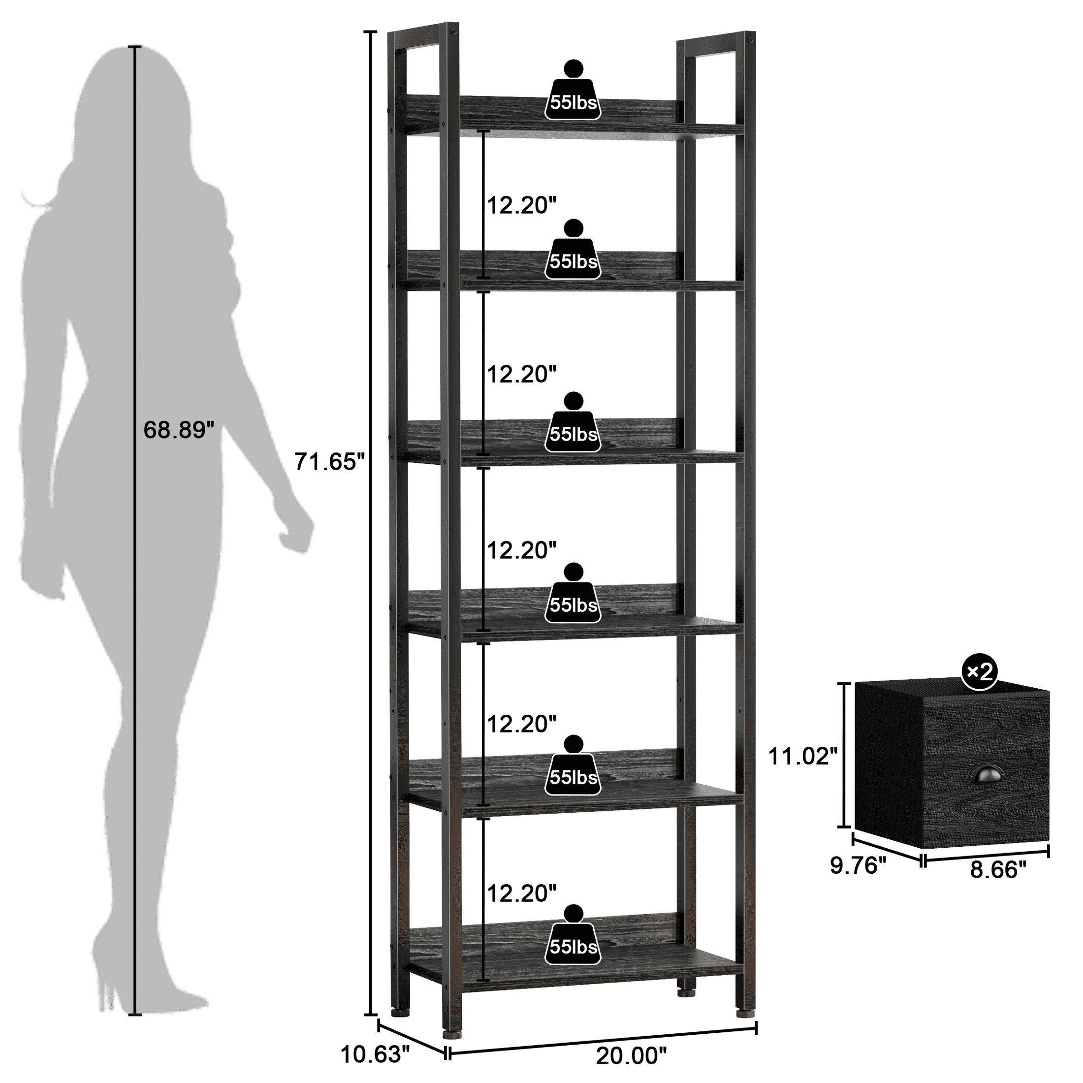 Satifur 6 Tier Black Industrial Bookshelf, Tall Storage Shelving Unit with 2 Detachable Drawers, Anti-Tip & Waterproof Boards for Living Room, Bedroom