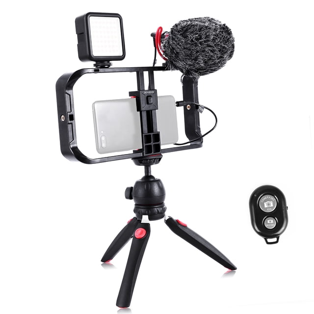 Riwcyla Smartphone Video Rig Kit Including Smartphone Cage with 3 Cold Shoe Mounts + Video + Microphone with Shock Mount Wind Screen + Desktop Tripod Stand + Remote Shutter for Vlog Video Recordi