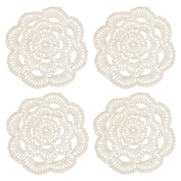 UXcell 4 Pcs Crochet Handmade Cotton Placemats, 6.3" Round Lace Doilies Coaster, Lace Gimp Tray Coasters for Crafts, Daily Kitchen Use, Tea Cup, Festivals, Home Decoration, Beige