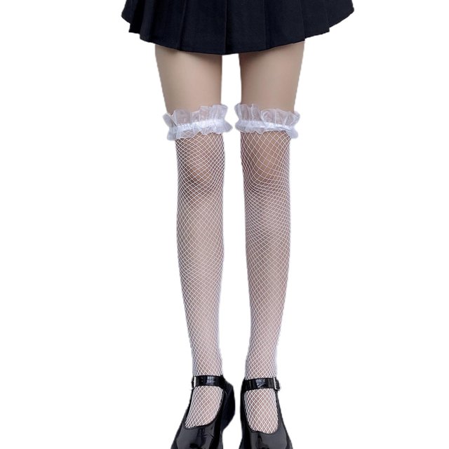 Calcetines de criada Lolita, calcetines largos de tubo para mujer y niña, medias por encima de la rodilla, calcetines altos de rejilla hasta el muslo, calcetines elásticos de encaj