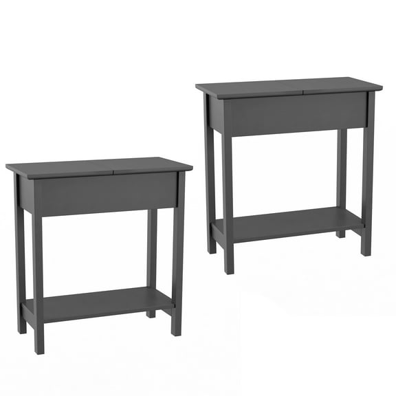 Lavish Home Set of 2 Flip Top Console Table, Living Room End Tables with Hidden Hinged Storage Compartment and Lower Shelf, Gray