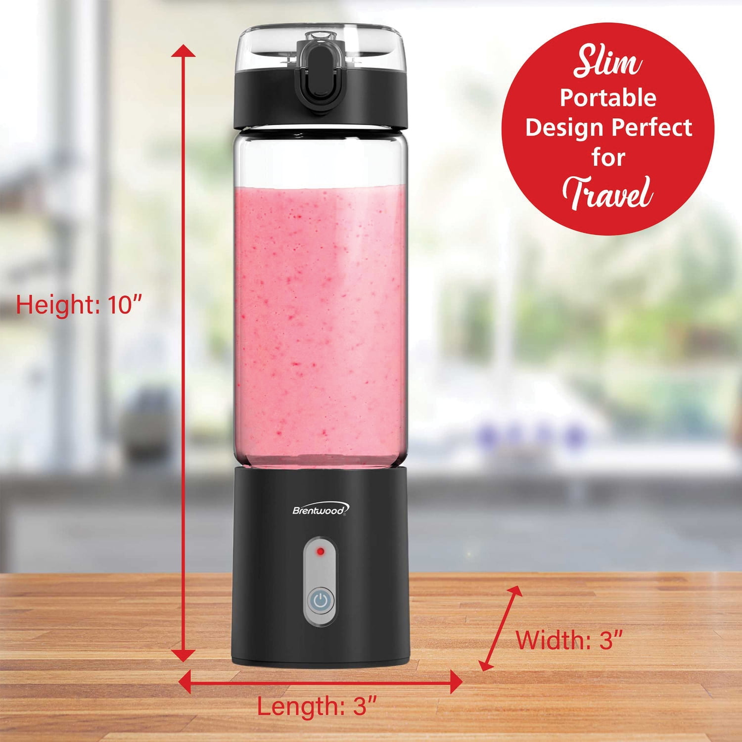 Brentwood 50-Watt 17-Oz. Portable Battery-Operated USB-Chargeable Glass Blender (Black), RJB-100BK