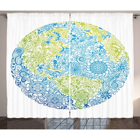 Earth Curtains 2 Panels Set, Climate Change Themed Our Planet with Ethnic Floral Leaves Environment Artwork, Window Drapes for Living Room Bedroom, 108W X 108L Inches, Blue Lime Green, by