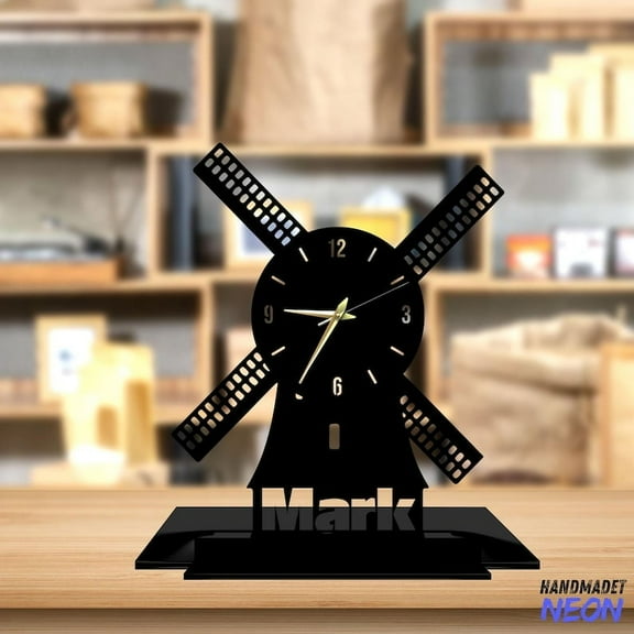 Handmadetneonsign Small Windmill Tabletop Metal Clock, Windmill Desktop Clock, Clock Home Decor 93306