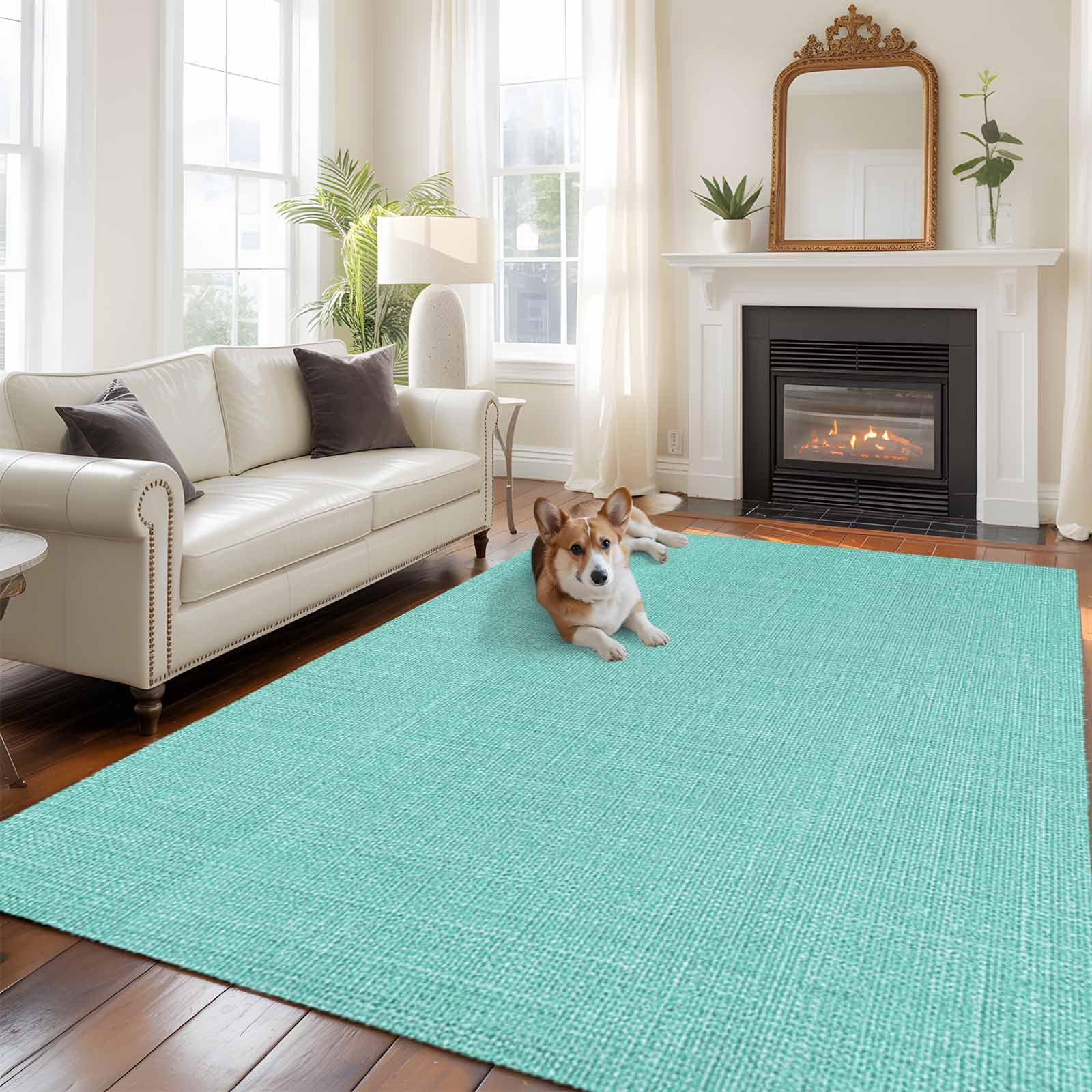5x7 Area Rugs for Living Room, Turquoise Burlap Texture Non Slip Area Rugs for Kitchen Bedroom Entryway, Farmhouse Vintage Aqua Washable Carpet Runner Rug Floor Mats for Bedroom Home Decor