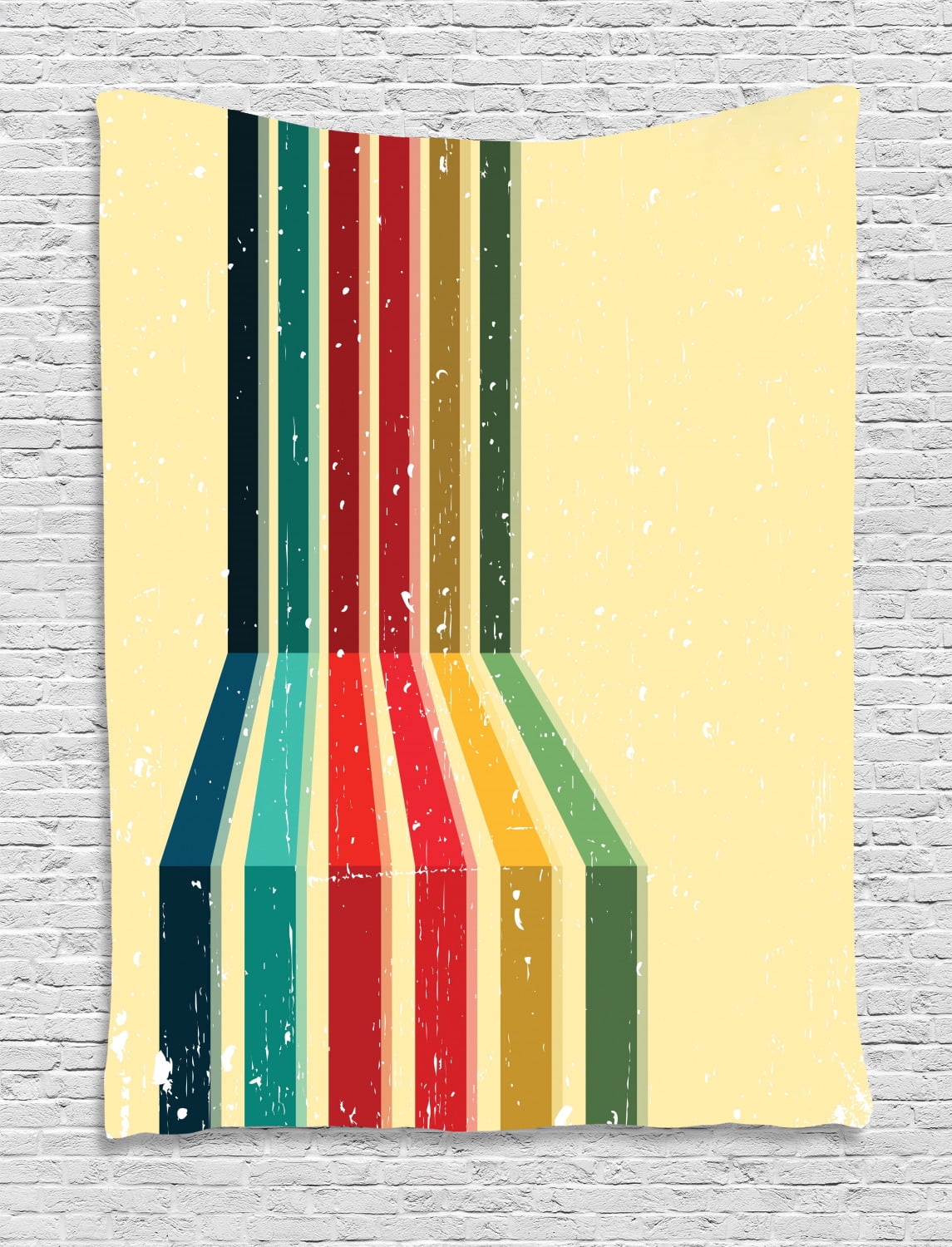 Vintage Rainbow Tapestry, Vertical Colored Stripes with Grunge Effect