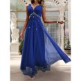thumbnail image 4 of Royal Blue Sleeveless V-Neck Floor-Length Maxi Dress With Faux Pearl Embellishment And Sheer Tulle Overlay, 4 of 5