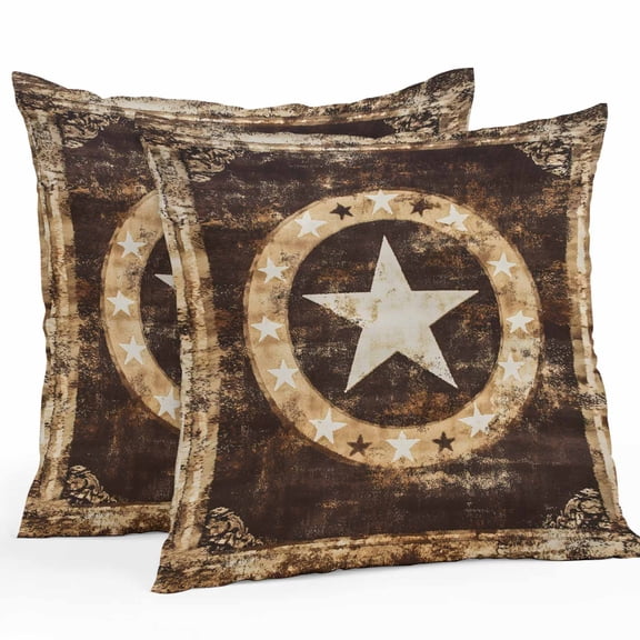 Waterproof Throw Pillow Covers Set of 2, 20x20 Inch Brown Star Texas Decorative Pillowcases Outdoor Pillow Slip Cushion Covers Set for Couch Tent Vintage Western Country Wooden