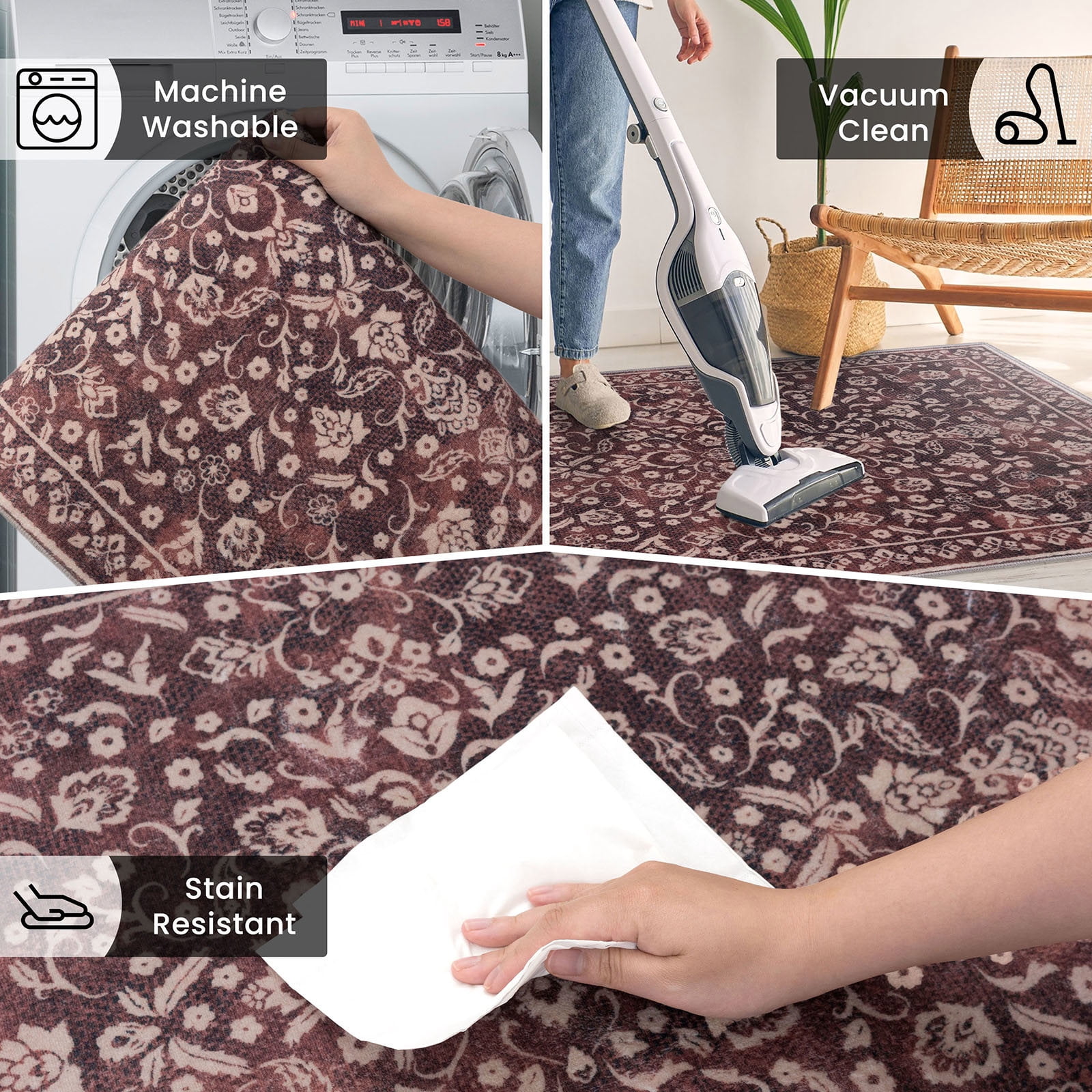 GLATTICE Entryway Rugs 3x5 ft Washable Area Rug Super Soft Rug Non Slip Rubber Backed Entry Rug for Kitchen Bedroom Office Living Room, Deep Burgundy