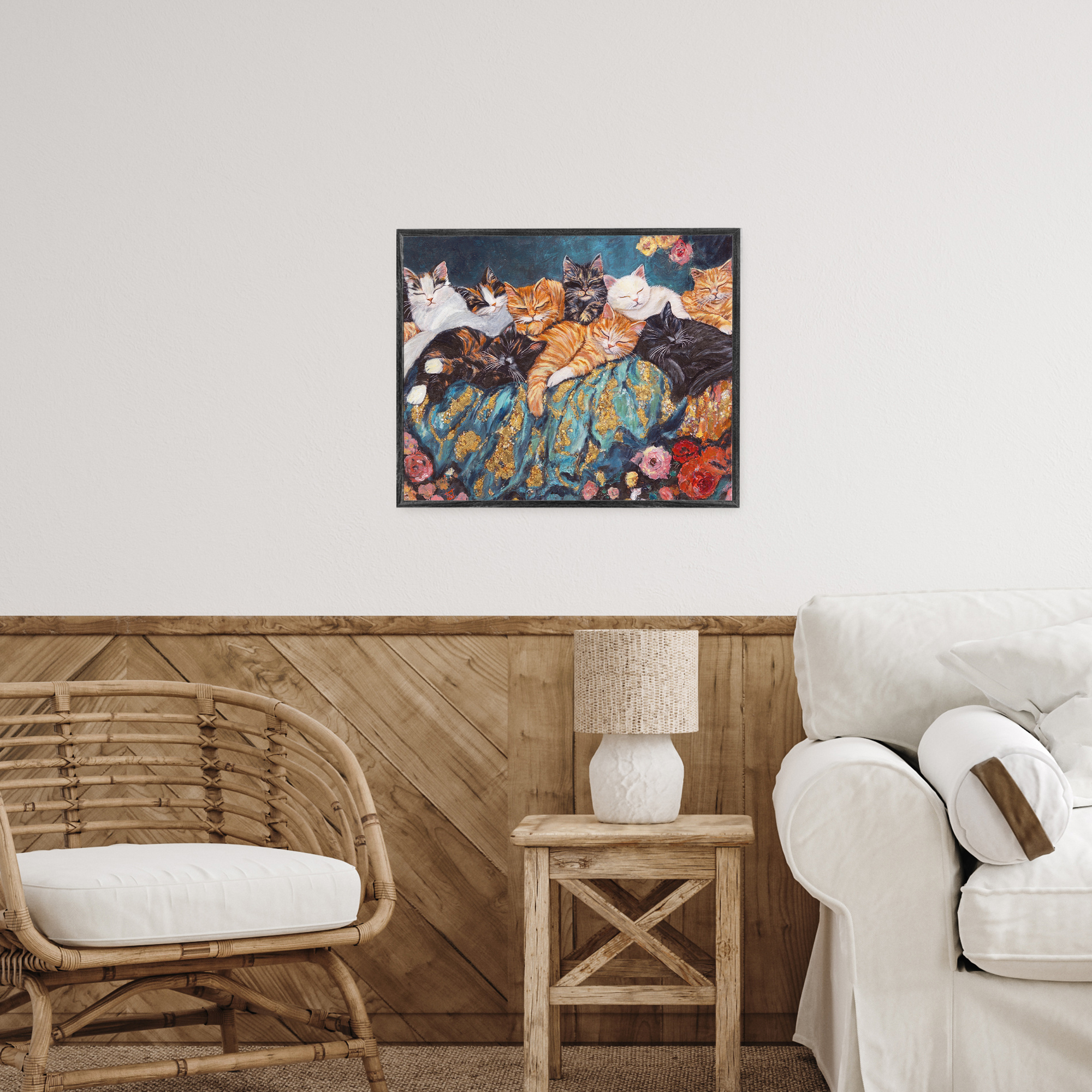 Sleepy Kitty Crowd with Flowers White Framed Giclee Art, design by Sara Culpepper