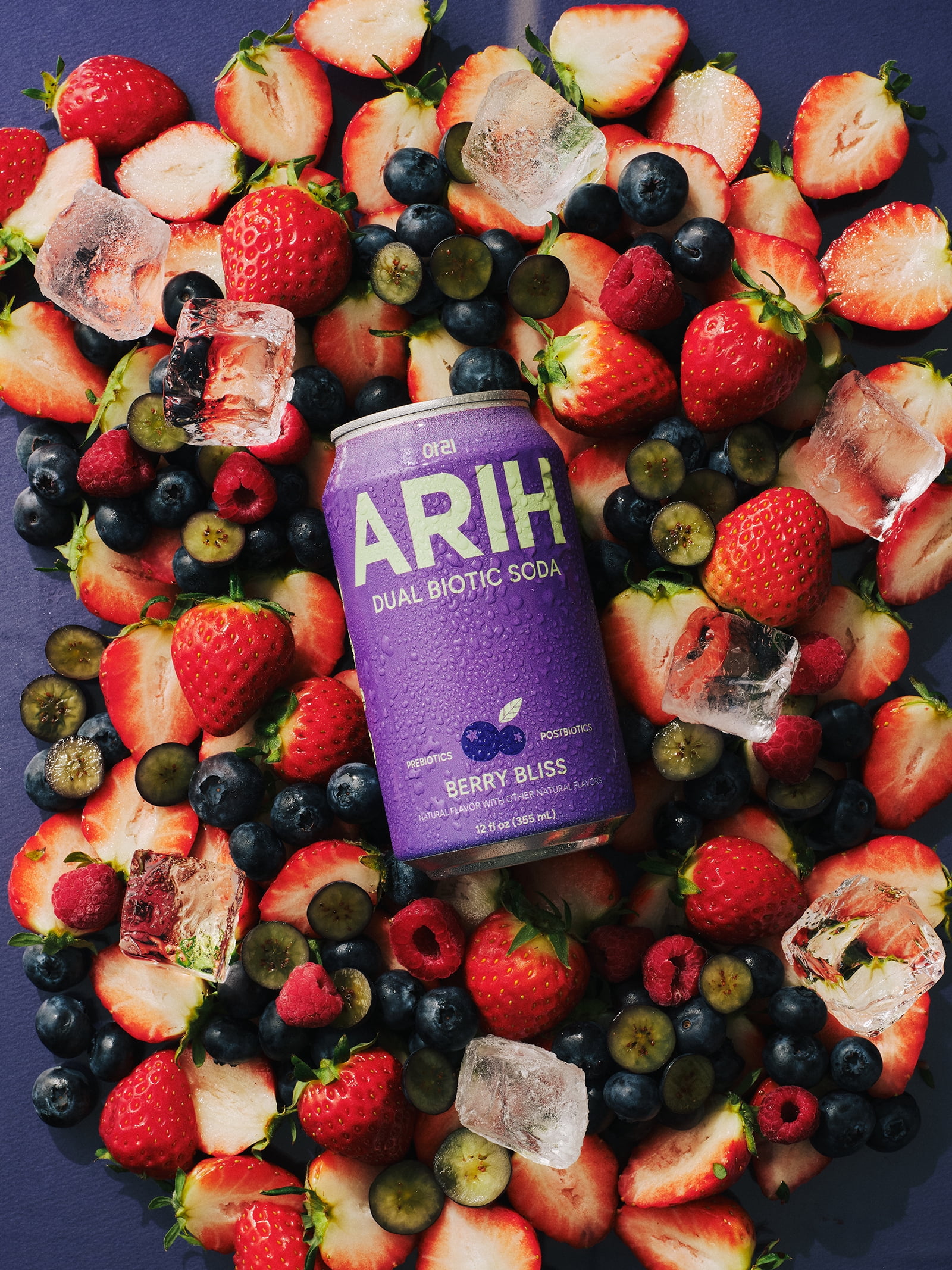 ARIH Dual Biotic Soda, Functional Prebiotic and Postbiotic Soda, Low Sugar, Berry Bliss, 12 fl oz, 4 Pack