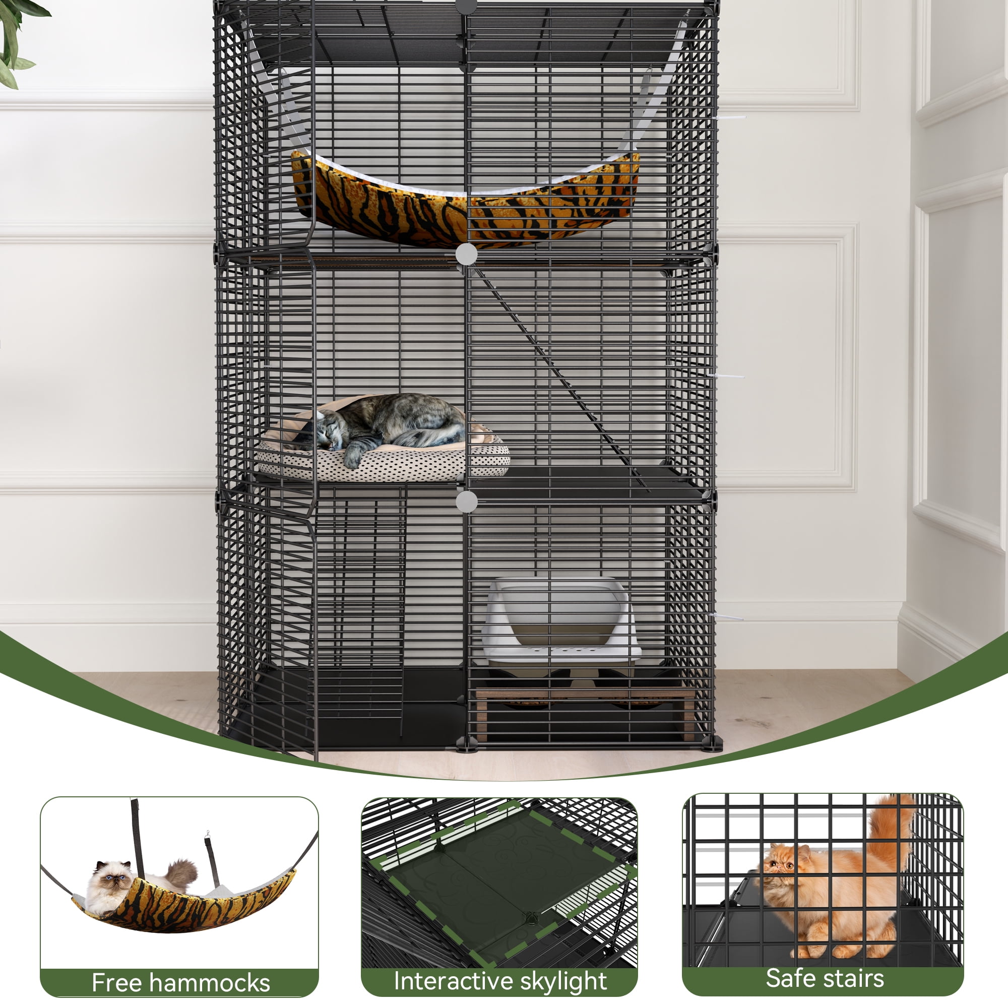 Uforic 41" Large 3-Tier Cat Cage with Extra Large Hammock - Indoor Pet Playpen for 1-2 Cats, Black