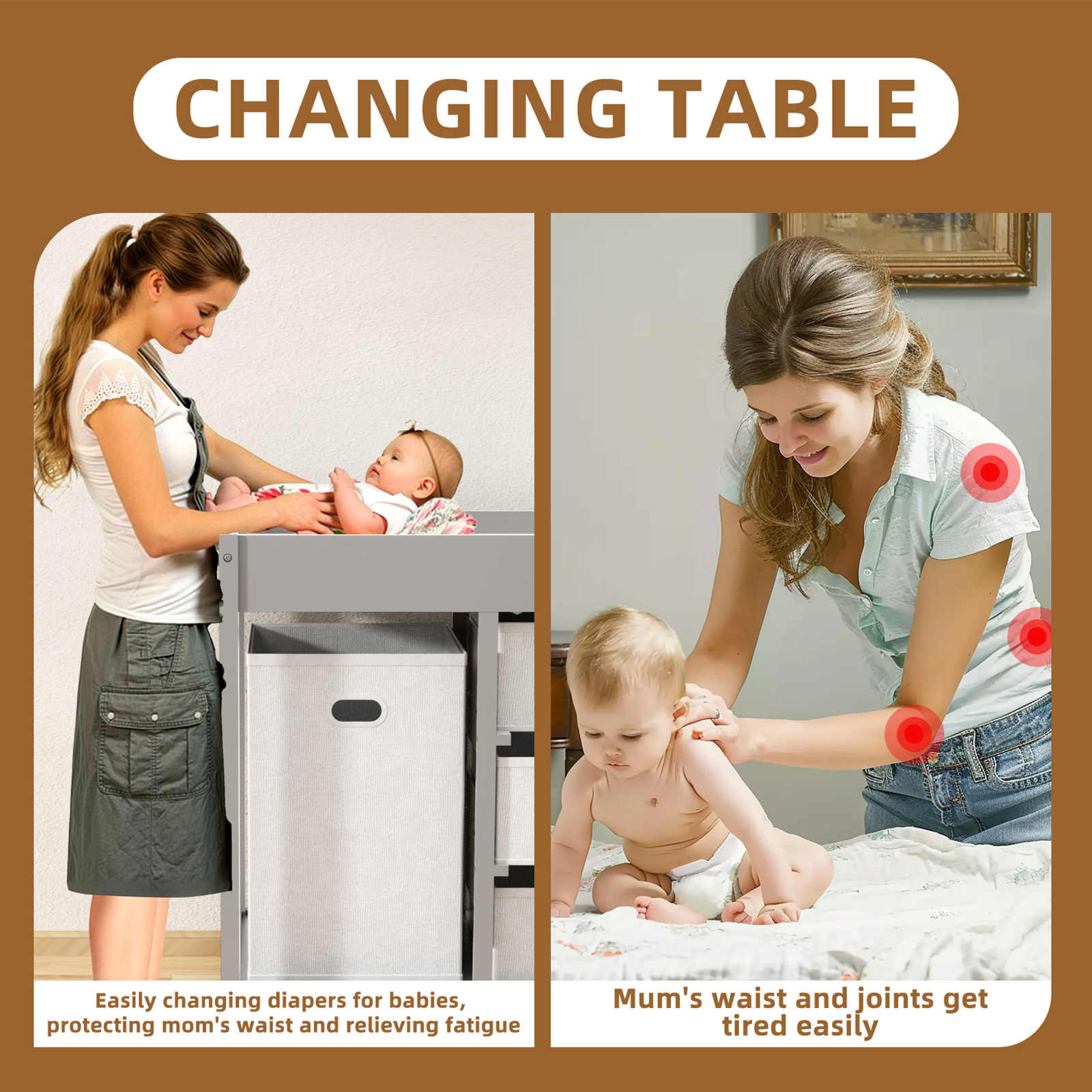 KORIMEFA Baby Changing Table with 3 Storage Drawers & Hamper , Portable Diaper Station, Space-Saving Nursery Organizer , Easy Assembly (Gray)