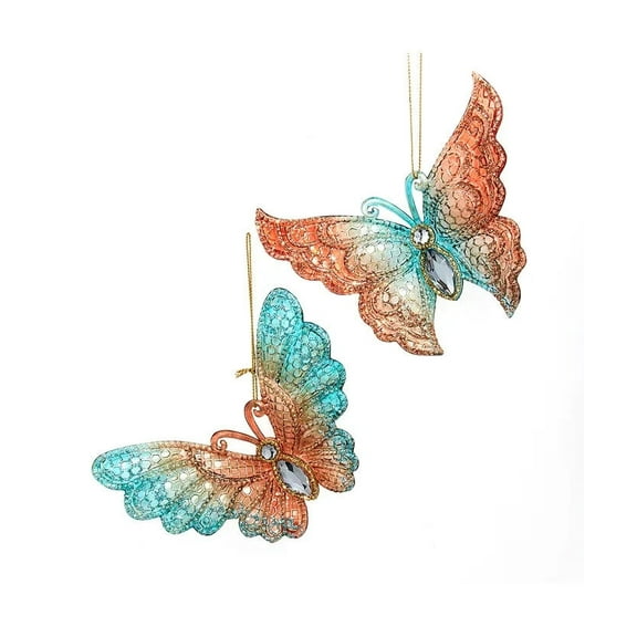 Set of 2 TEAL & DESERT ROSE BUTTERFLY Christmas Ornaments by Kurt Adler