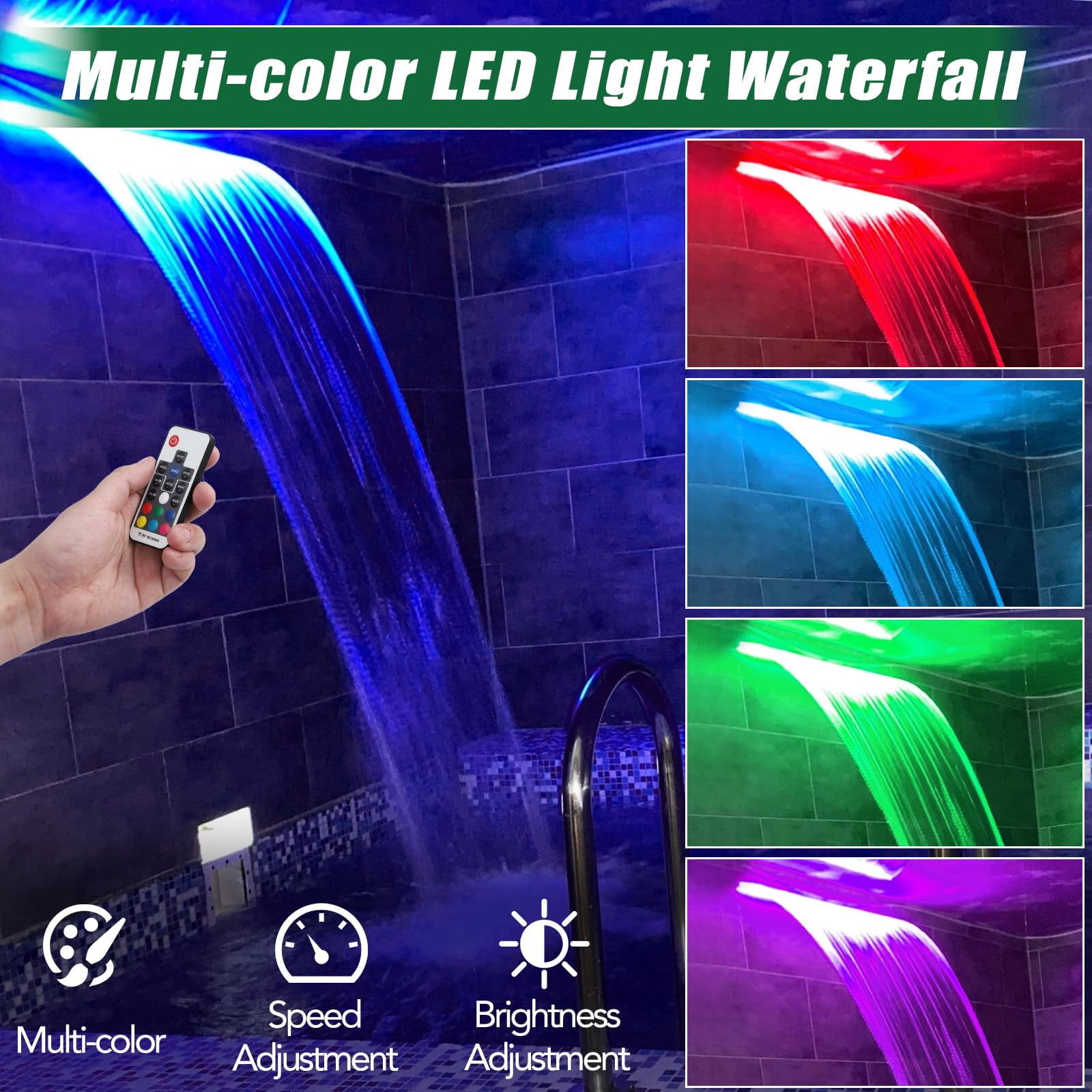 Ataucjin 12" Pool Fountain Acrylic Pool Waterfall Spillway 11.8" x 4.5" x 3.1"(W x D x H) Outdoor Fountain with Pipe Connector, 9 Colors Led Strip Light for Garden Patio Swimming Pool Decoration