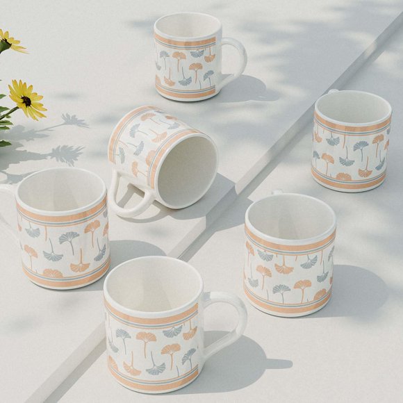 Ensemble de 6 Tasses à Thé en Céramique Imprimées Feuilles de Lotus - Blanc, 250 ml Chacune / Chai Pyali Faits à la Main pour Servir le Thé - Idéal pour Cadeau, Fête d'Anniversaire / Léger, Compatible Micro-Ondes