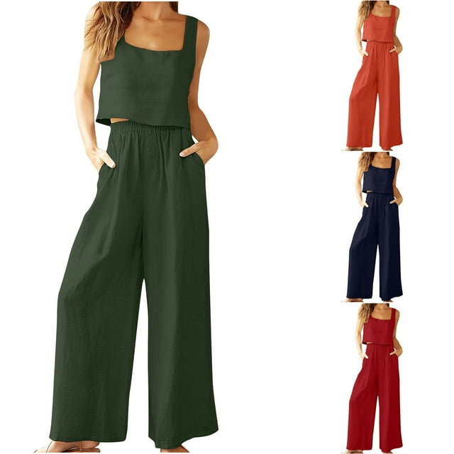 PXLKNZH Ensemble 2 Pcs pour Femmes Taille Élastique Pantalon Grand Été Sans Manches Col Carré Crop Top Tendance Ensemble Sortie Rouge,m