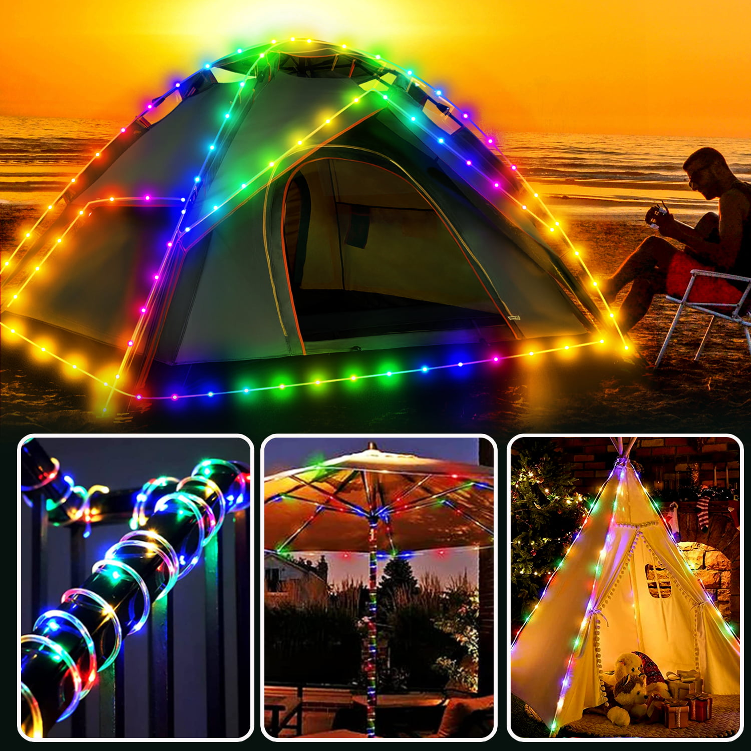 CIWIC Camping Light, 5 Lighting Modes, Length 32.8 ft, Colorful Outdoor  String Lights, Retractable LED Strip, Waterproof, Rechargeable, Portable